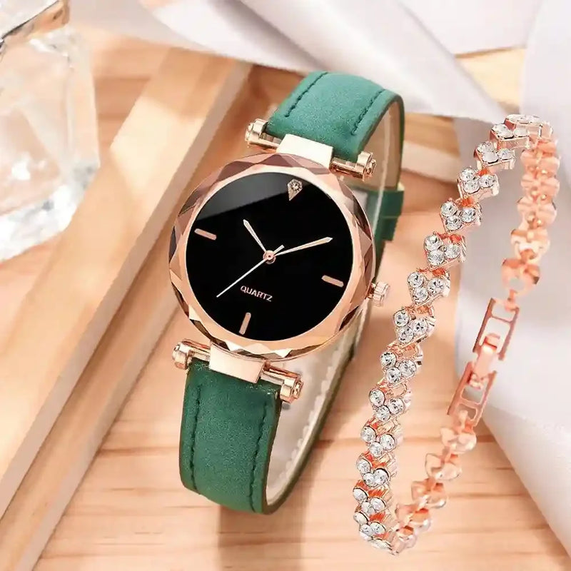 Relógio Ellegance com Pulseira de Couro de Plutônio + Brinde de Pulseira Zaara Rose Gold - Elegância em Dobro!