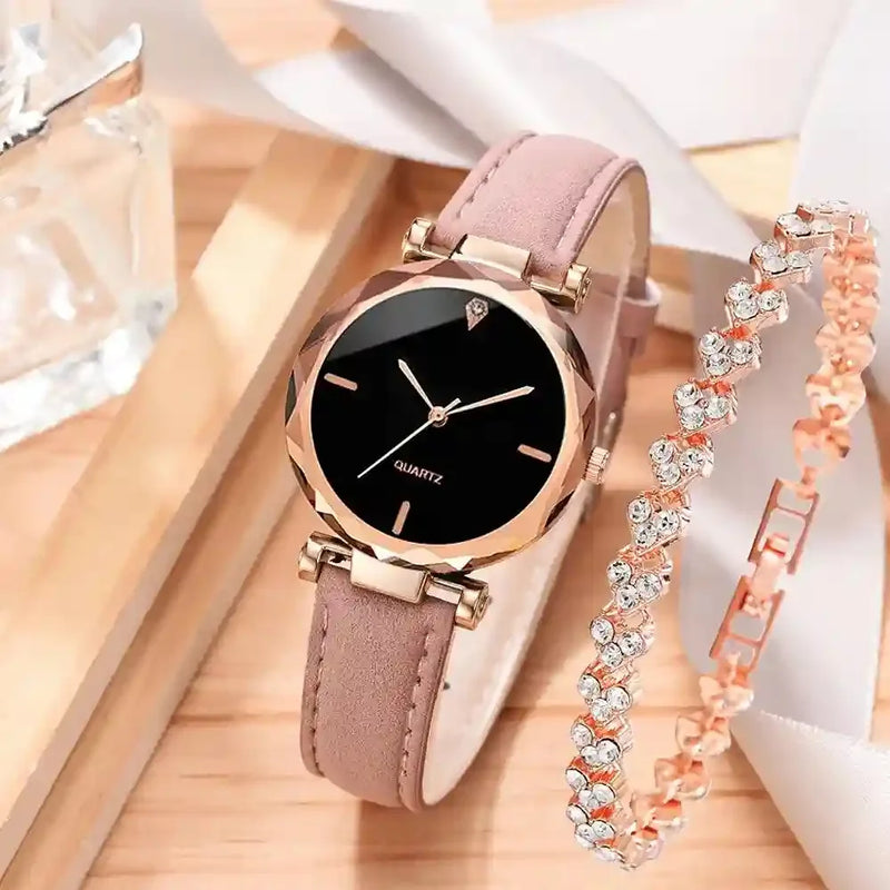 Relógio Ellegance com Pulseira de Couro de Plutônio + Brinde de Pulseira Zaara Rose Gold - Elegância em Dobro!