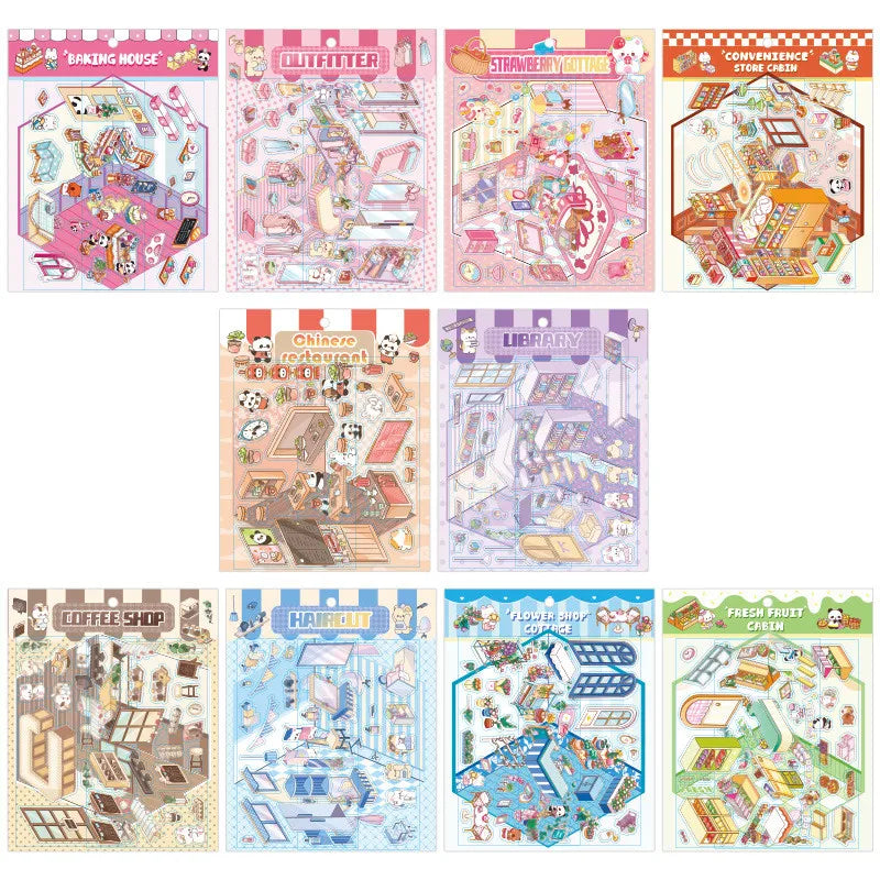 Journamm 2 Sheets Cartoon Miniature Scene Stickers DIY Cut Landscape Stickers 3D Stereoscopic Hut Hand Tent Children's Stickers