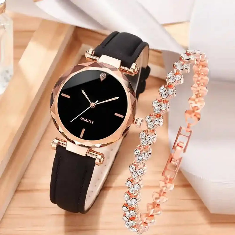 Relógio Ellegance com Pulseira de Couro de Plutônio + Brinde de Pulseira Zaara Rose Gold - Elegância em Dobro!