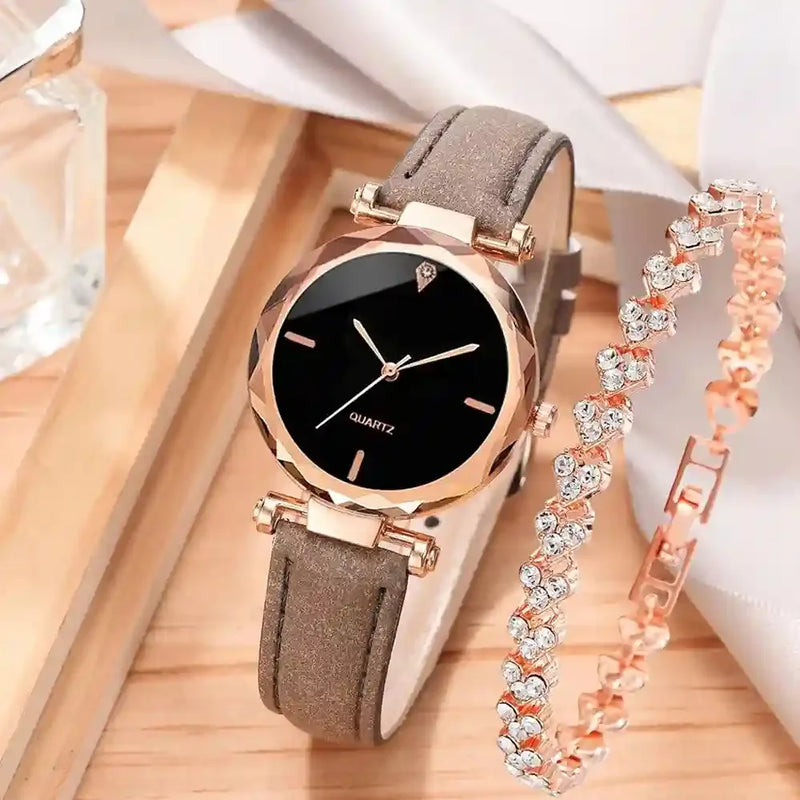 Relógio Ellegance com Pulseira de Couro de Plutônio + Brinde de Pulseira Zaara Rose Gold - Elegância em Dobro!