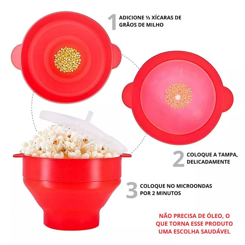 Pipoqueira Grande Para Micro-ondas Sem Óleo | Balde Pipoca Silicone Redonda Com Tampa Livre BPA 3000ml